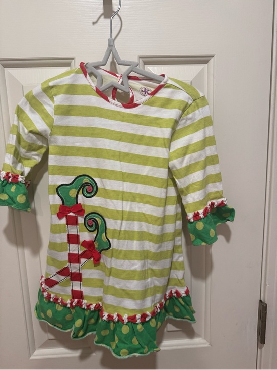 JK Designs Other - Kids Green & White Striped Christmas  Dress with Candy Cane Appliqué